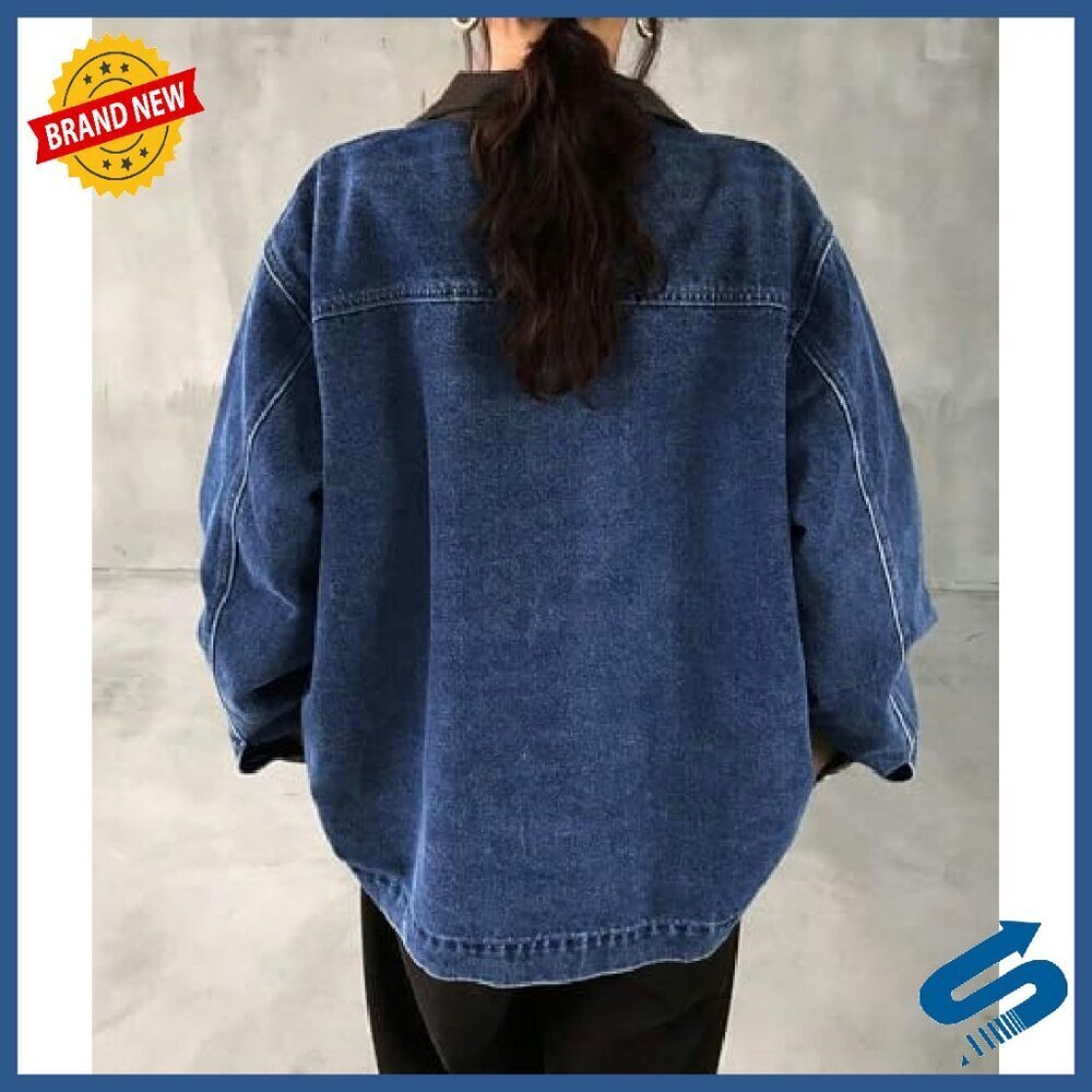 Oversized Denim Jacket Women Y2K Vintage Relaxed Fit Faux Leather Collar - Picture 4 of 8